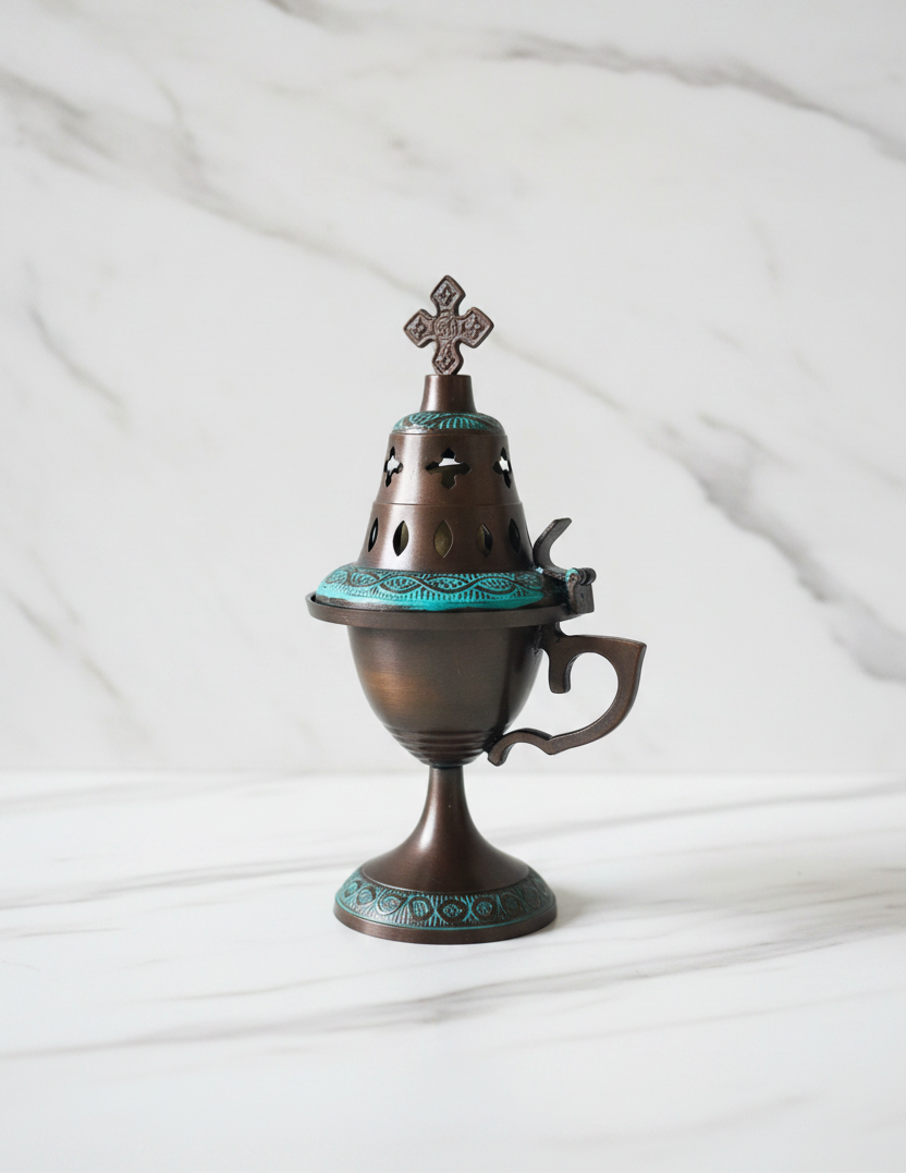 Orthodoxes Thymiaterion geschlossen – Metall Antik-Finish mit Türkisfarbenen Dekor und Kreuz, 19 cm