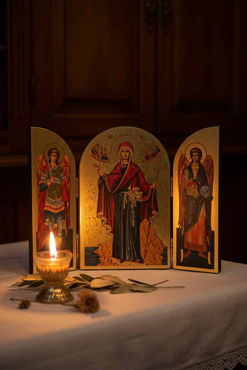 Triptychon-Ikone geöffnet – Gottesmutter Eforos vom Berg Athos mit Erzengeln Michael und Gabriel