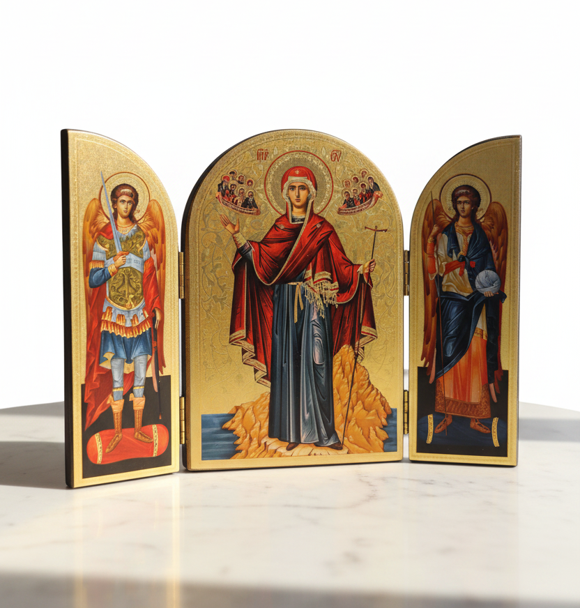 Triptychon-Ikone geöffnet – Gottesmutter Eforos vom Berg Athos mit Erzengeln Michael und Gabriel