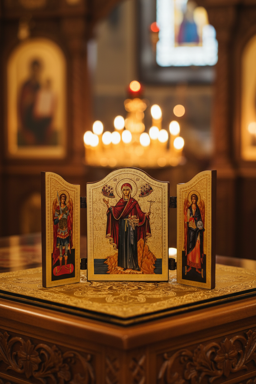Orthodoxe Mini-Triptychon-Reiseikone im Kirchenambiente – aufgeklappt mit Gottesmutter vom Berg Athos