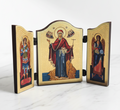 Orthodoxe Mini-Triptychon-Reiseikone auf weißem Marmor – Gottesmutter vom Berg Athos & Erzengel