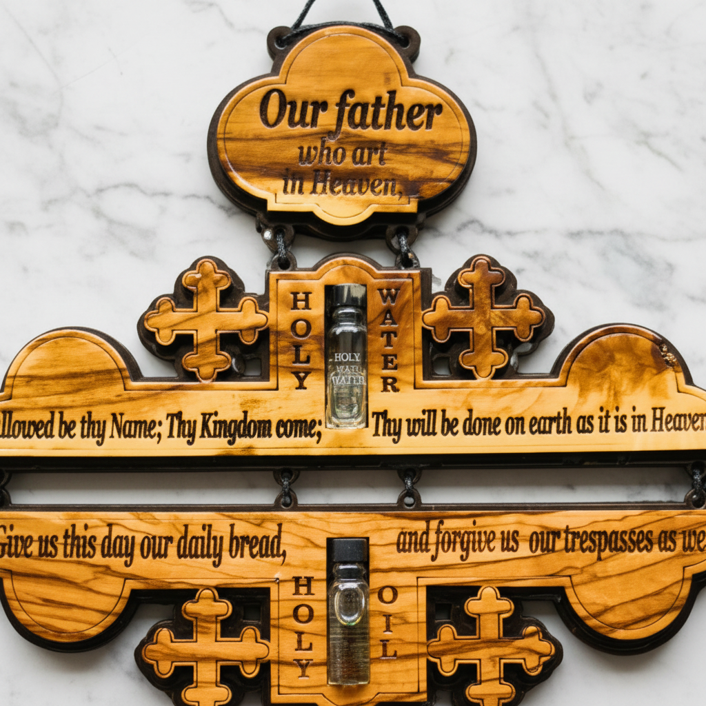 Detailansicht: „Our Father"-Gebet, Jerusalemkreuze und Fläschchen mit Weihwasser und Heiligem Öl