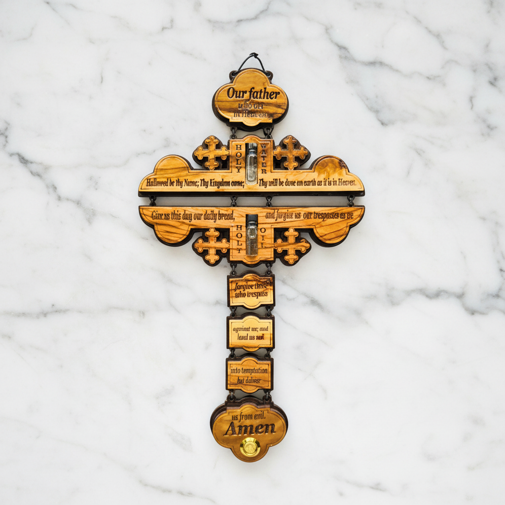 Großes Wandkreuz aus Olivenholz mit Vaterunser auf Englisch, handgefertigt in Bethlehem, auf Marmor