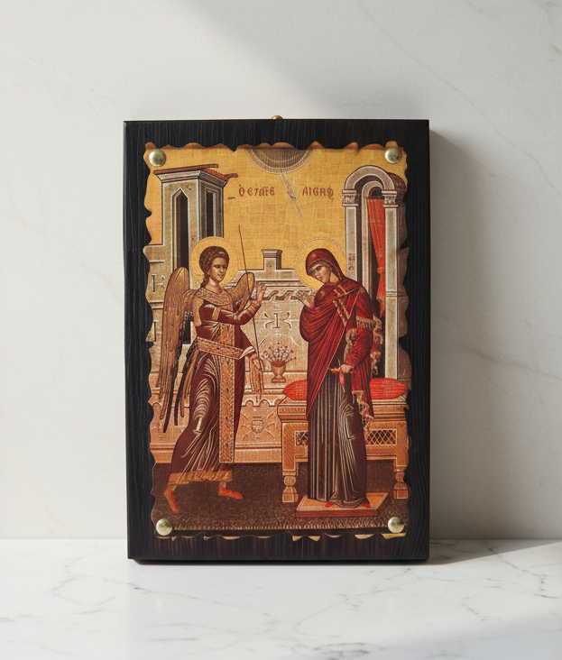 Orthodoxe Ikone Verkündigung der Gottesmutter (Evangelismos) – Erzengel Gabriel und Maria, byzantinische Holzikone mit Wellenrand, handgefertigt in Griechenland