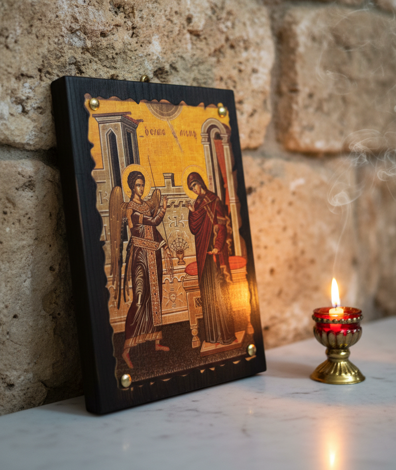 Verkündigung der Gottesmutter Ikone – Seitenansicht mit sichtbarem Wellenrand und Holztiefe, orthodoxe Ikonenarbeit aus Griechenland