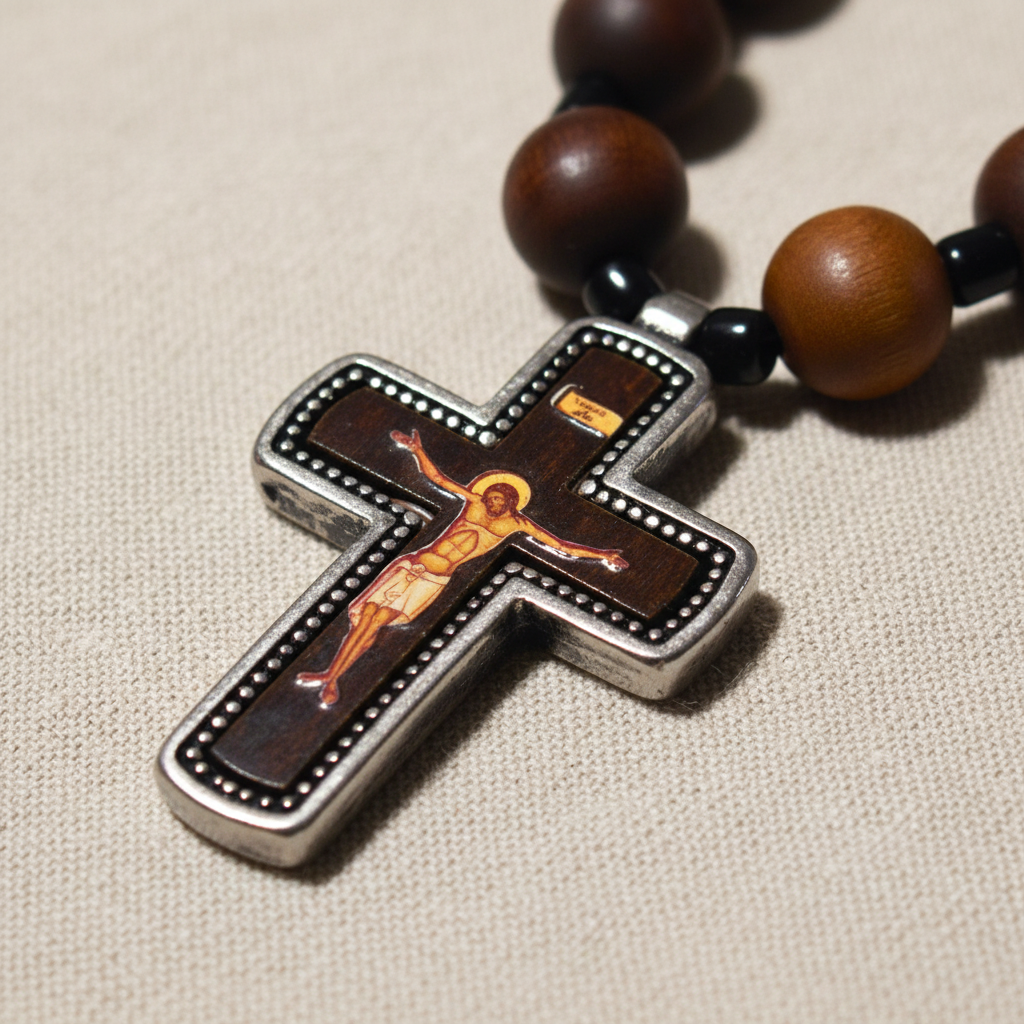 VDetailansicht des Ikonen-Kreuzes der Chotki Gebetskette – Christus am Kreuz in byzantinischer Tradition, silberner Rahmen mit Zierpunkten