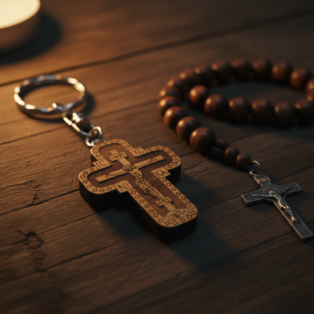 rthodoxer Holzkreuz-Schlüsselanhänger mit Kreuzigung Christi IC XC NI KA, auf dunklem Holz mit Kerzenlicht, spirituelle Stimmung