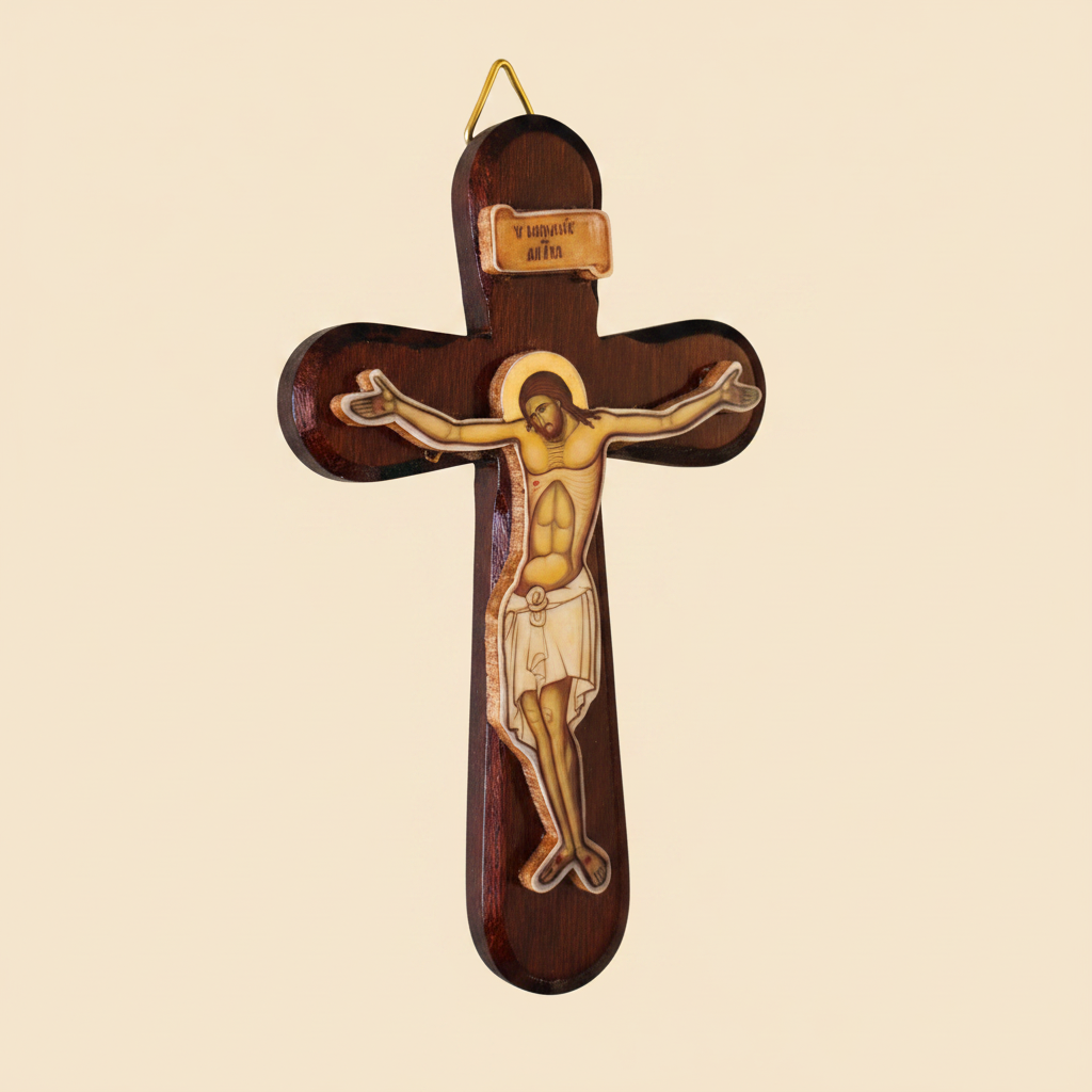 Orthodoxes Wandkreuz abgerundet – Seitenansicht zeigt Holzstärke