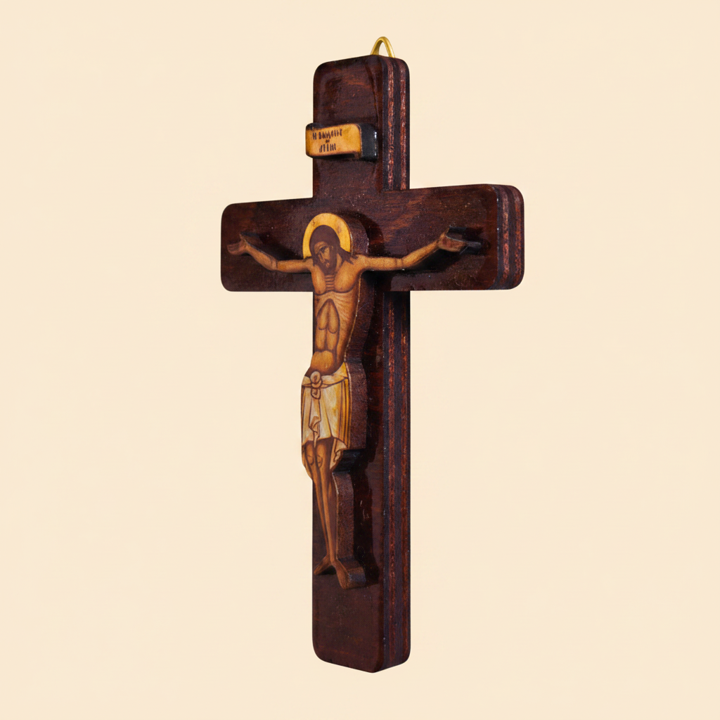 Orthodoxes Wandkreuz klassisch – Seitenansicht zeigt Holzstärke