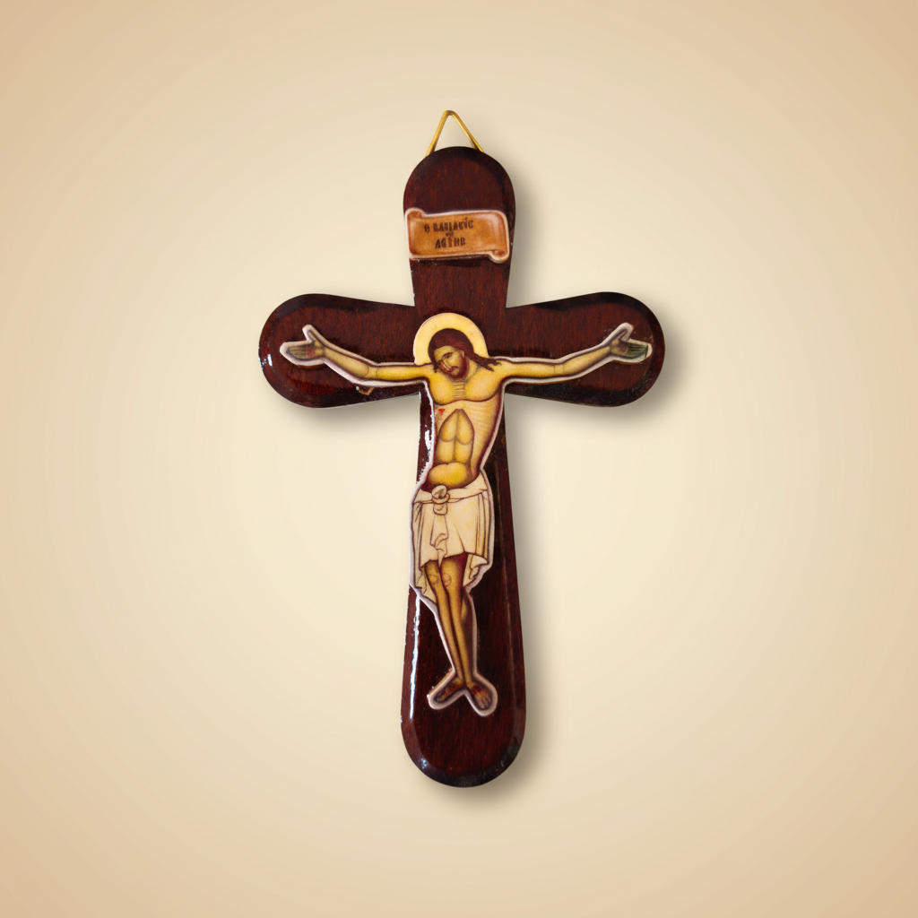 Orthodoxes Wandkreuz mit abgerundeten Ecken – Vorderseite mit byzantinischer Christus-Ikone