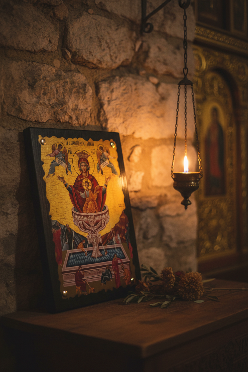 Ikone Zoodochos Pigi – orthodoxe Holzikone Lebensspendende Quelle 